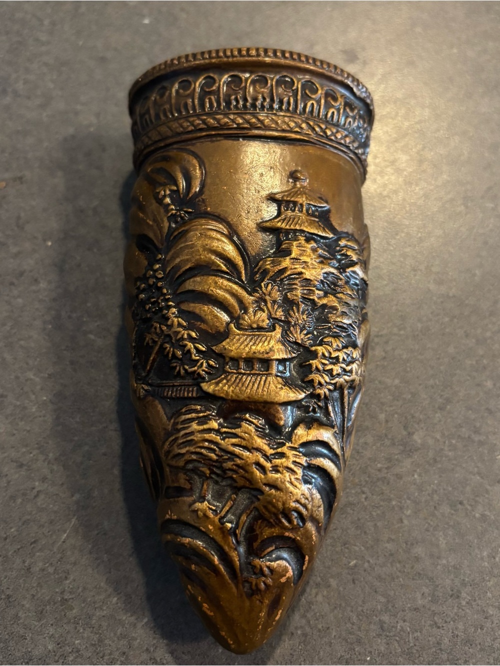 Vintage Japanese Bronze Colored Wall Pocket Pagoda Landscape Textured Relief